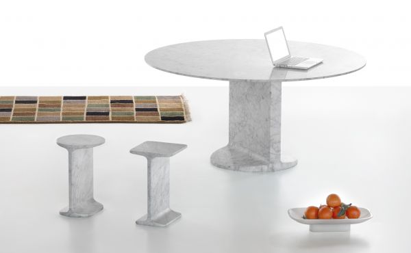 side table and round table in white carrara marble by James Irvine