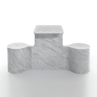 Two Mates chess table by Ross Lovegrove in White Carrara marble